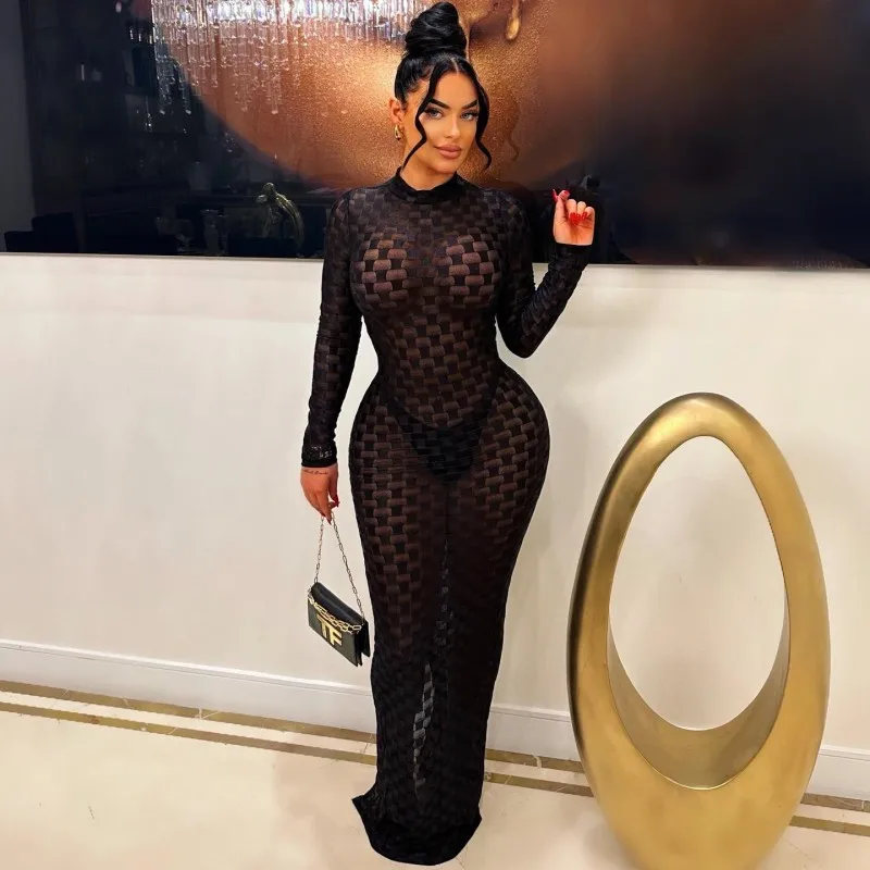 

Sexy Mesh Sheer Plaid Slim Maxi Dress Women Autumn O Neck Long Sleeve High Waist Hips Wrapped Elegant Dresses Club Partywear