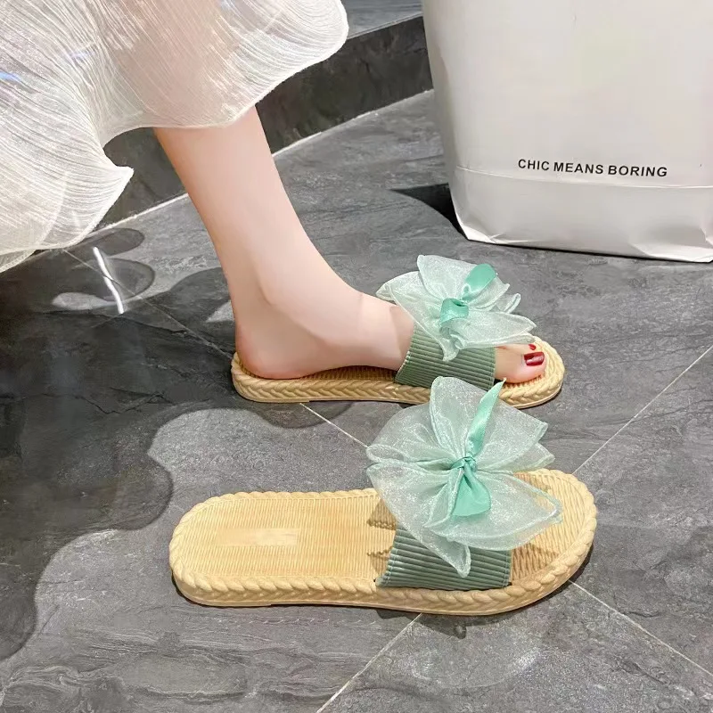 

2023 Women's Summer New Casual Slippers Soft Bottom Non Slip Sweet Bow One Word Home Casual Slippers Outdoor Beach Slippers