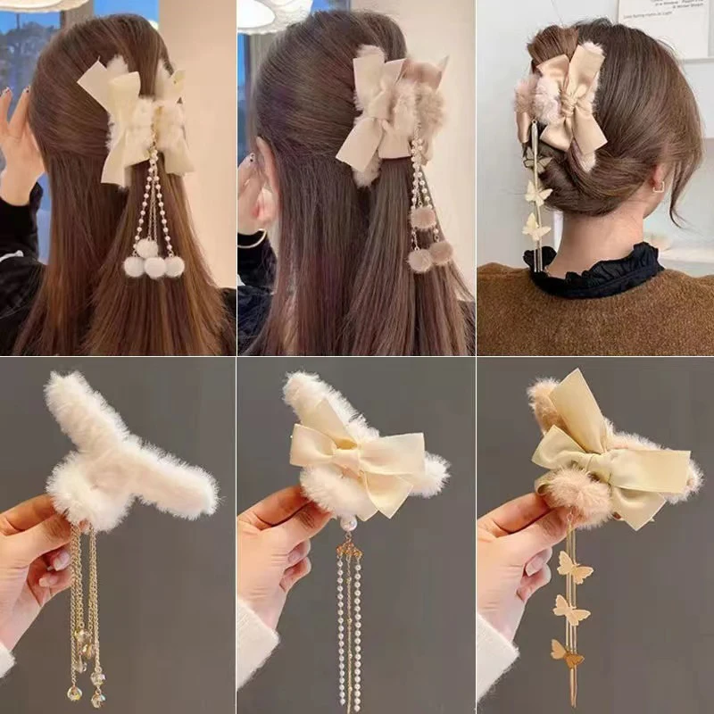 New Bowknot Tassel Big Grip Clip Autumn And Winter Plush Hairpin Ponytail Clip Back Head Hair Catch Half Tie Hair Accessories