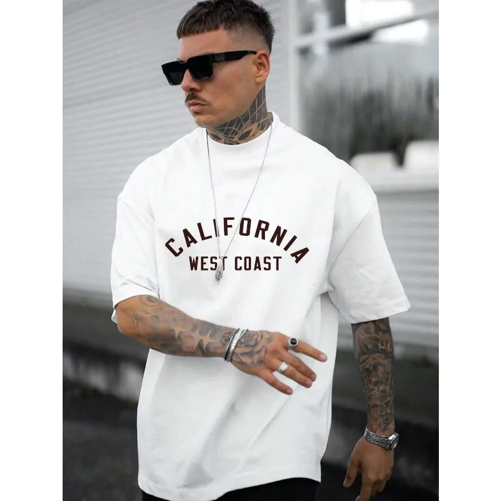 California West Coast Letter Mens Cotton T-Shirt Personality Vintage Casual Tops All-math Oversize Tee Clothing Man Short Sleeve