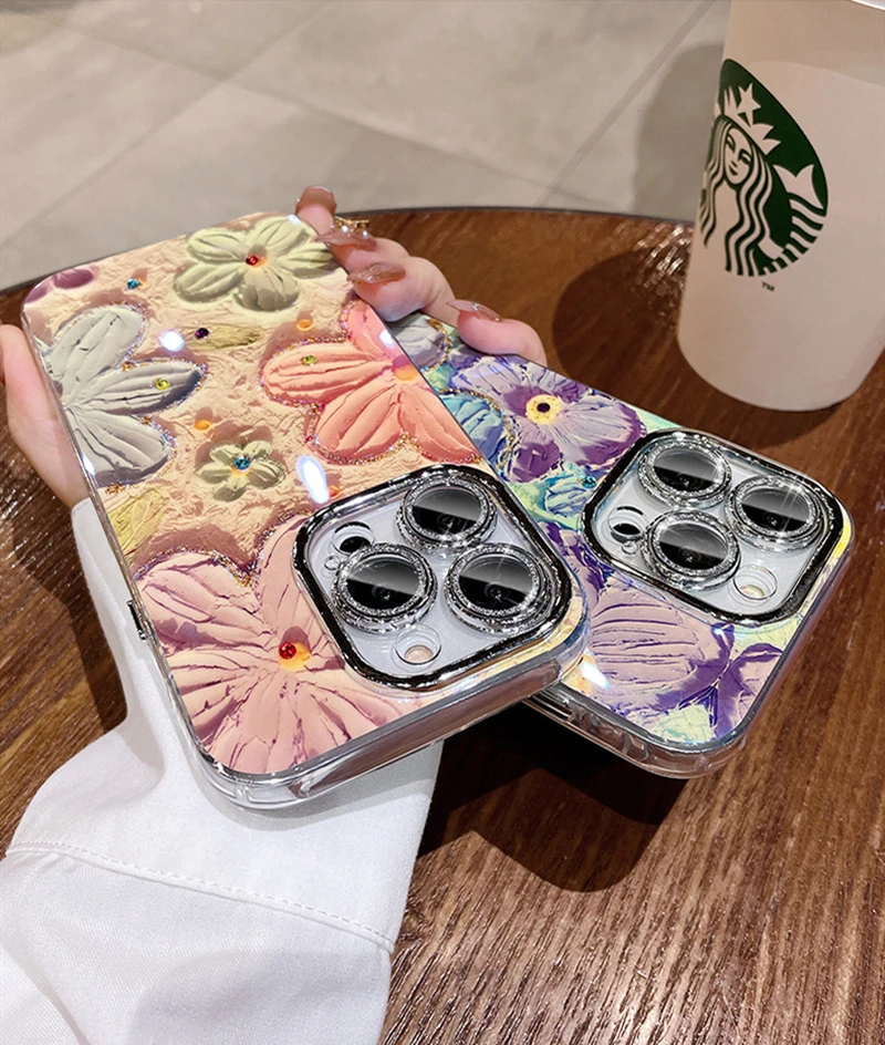 Luxury Fashion Flowers Glitter Laser Phone Case For iPhone 11 12 13 14 15 Pro Max Plus Diamond Shockproof Lens protection Cover