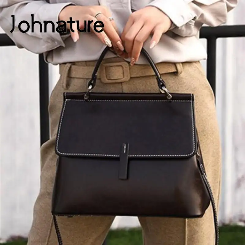 

Johnature Fashion Women Bag 2024 New Genuine Leather Handbag Versatile Solid Color Cowhide Elegant Lady Shoulder Bags