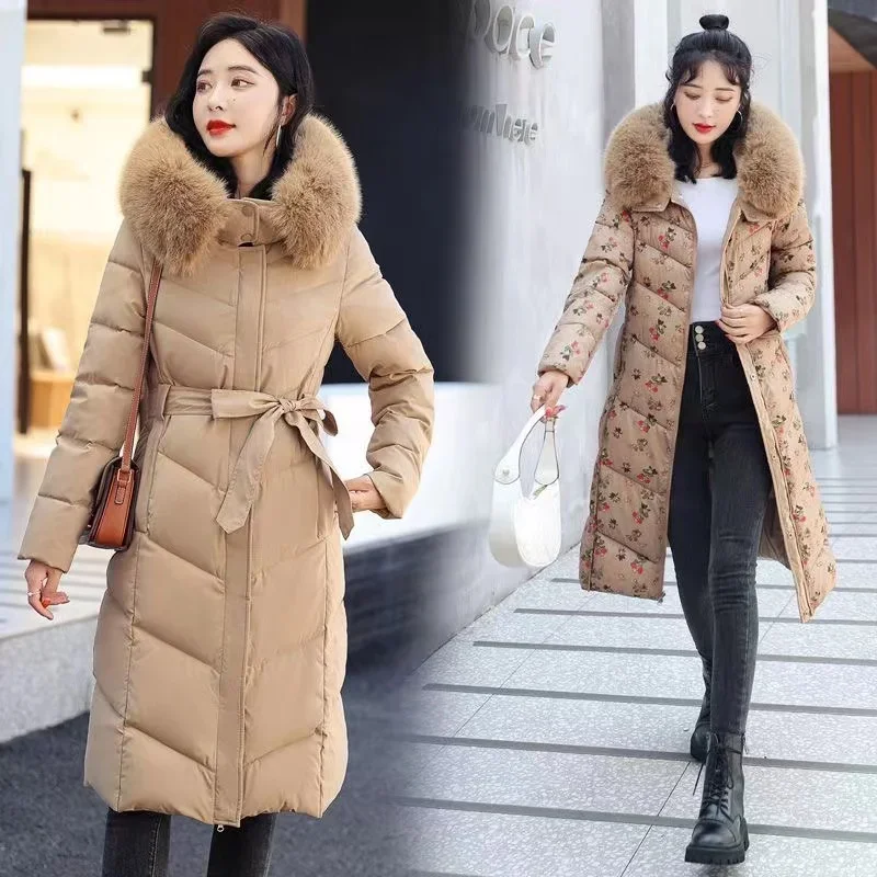 Double Side Down Cotton Jacket Fur Collar Hooded Parka Quilted Jacket Lady Coat Windproof Long Print Snow Outwear -30° C Z122