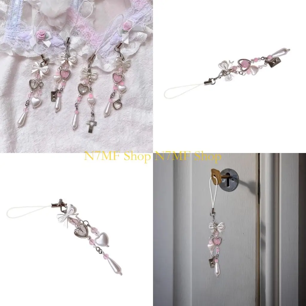 N7MF Trend Bowknot Phone Charm for Women Beaded Keychain Bag Purse Backpack Wallet