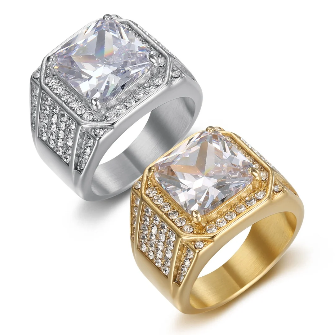 

Luxury Mens Ring 17mm Chunky Gold Silver Color Stainless Steel Iced Out Crystal Zirconia Big Square Rapper Rings for Man Jewelry