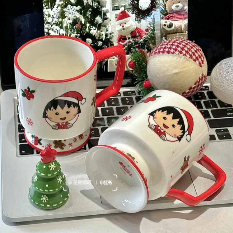 New Miniso Chibi Maruko-chan Cute Ceramic Mug Creative Love Heart Coffee Cup Couples Cup Breakfast Milk Tea Mug Valentine's Day