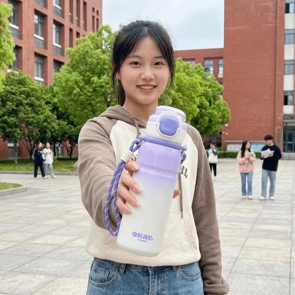 Stylish Gradient Insulated Water Bottle Stainless Steel Keep Hot Cold Dual-Drinking Straw Cup 550ML Leak-Proof
