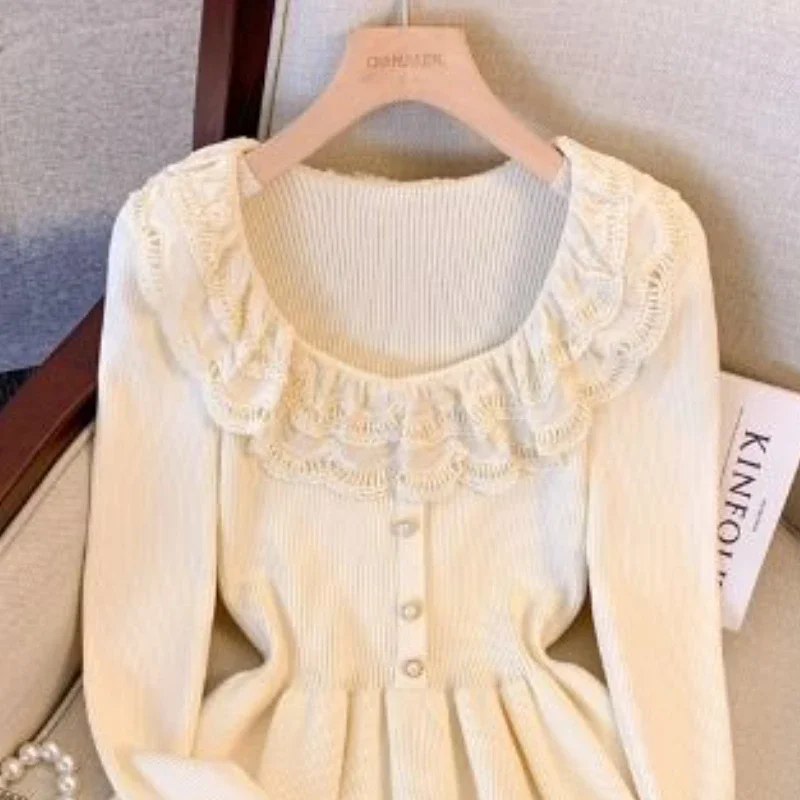 OCEANLOVE Lace Ruffles Sweaters Women Tops Peter Pan Collar Patchwork Elegant Pull Femme Korean Fashion Autumn Winter Pullovers