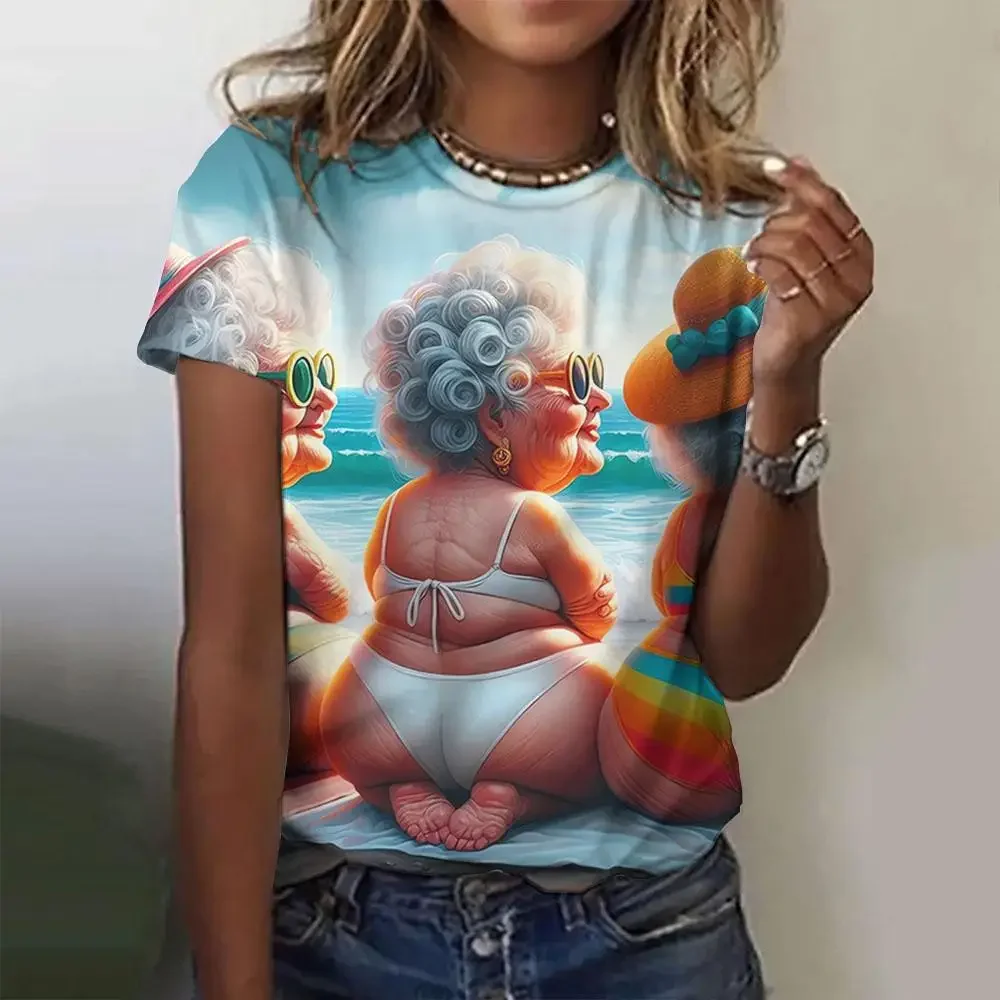 Camisetas con estampado 3D de abuela de dibujos animados divertidos de verano para mujer, ropa de calle a la moda Y2k, camiseta de manga corta, camisetas con cuello redondo, ropa
