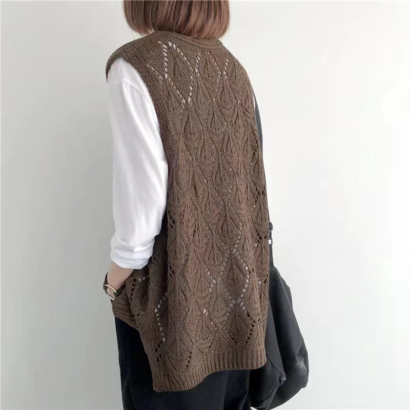 Gilet lavorato a maglia senza maniche retrò da donna gilet scavato da donna primavera autunno moda Casual Pullover maglione Y2k canotte