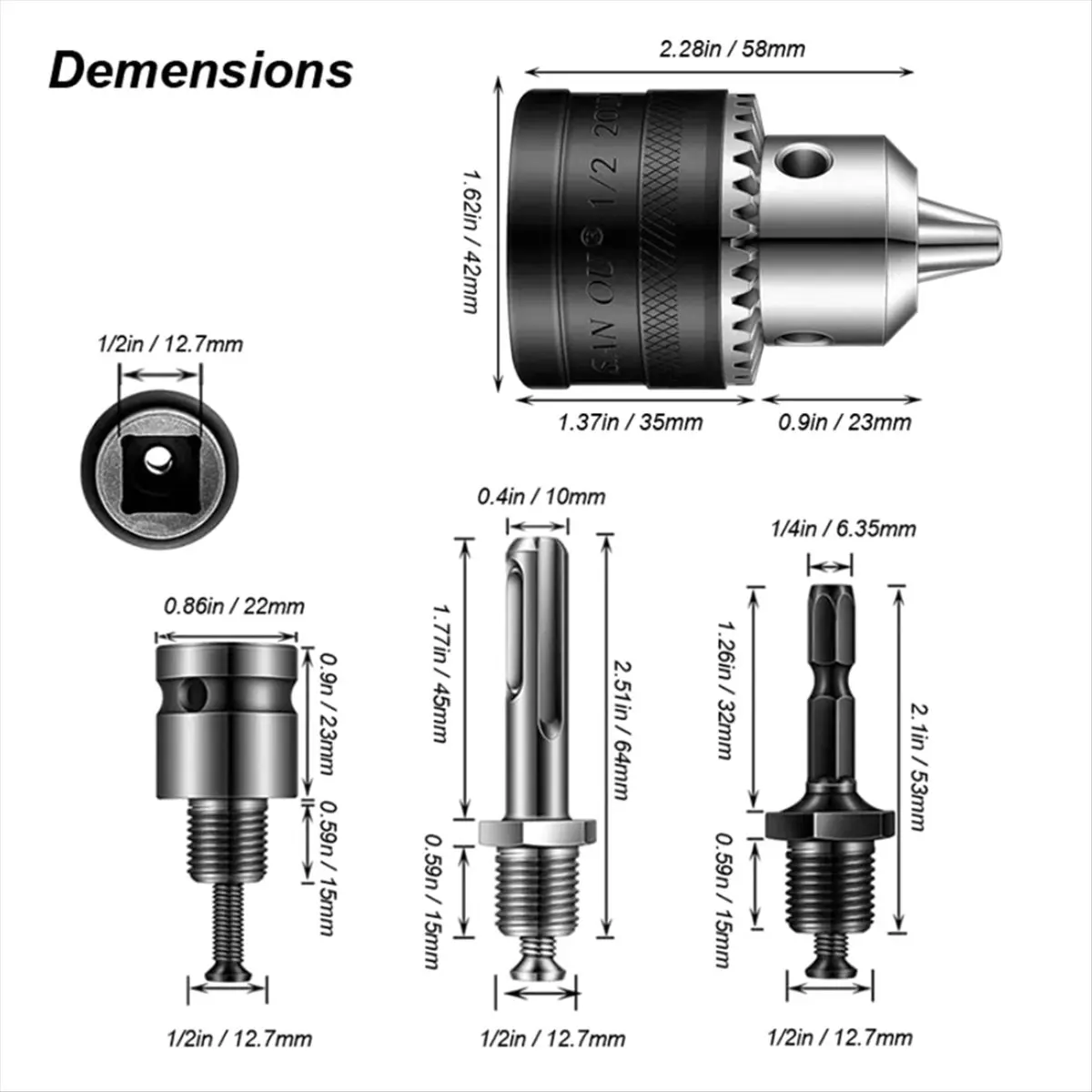 

Переходник (адаптер) для дрели (1.5-13 мм) с резьбой 1/2In-20UNF и шестигранным хвостовиком SDS 1/4In для ключа-сверла