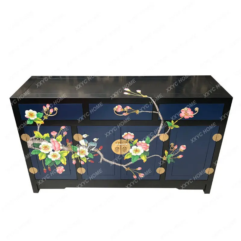 New Chinese style antique camphor wood painted entrance shoe cabinet solid wood large-capacity locker classical decorative