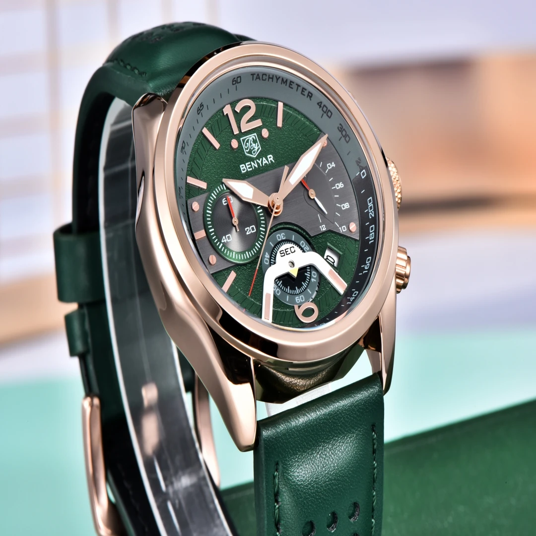 BENYAR 5171 Men's Fashion Quartz Watch with Leather Strap Luminous Calendar Chronograph Sport Military Style Waterproof