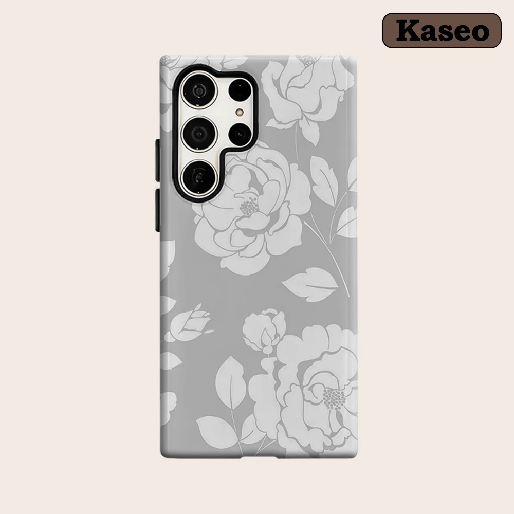 

Kaseo Phone Case for Samsung Galaxy S26 S25 Ultra S24 S23 Ultra Plus Shockproof Double Layer Gray Background White Rose Cover
