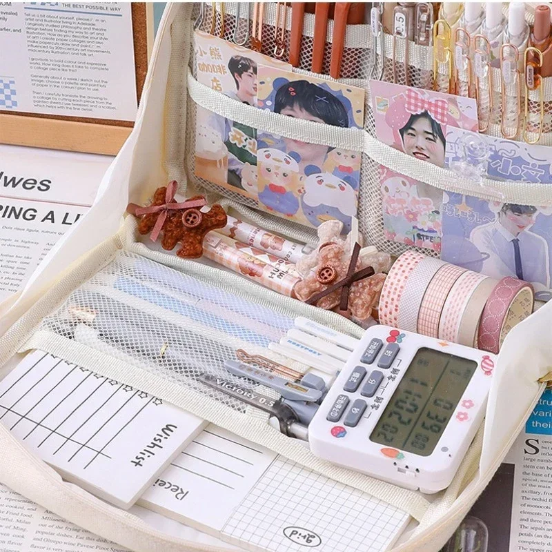 Estuche de lápices de gran apertura para mujer, organizador de papelería multifuncional para estudiantes, bolsa de maquillaje de lona con cremallera, lindo oso INS coreano, 1 unidad