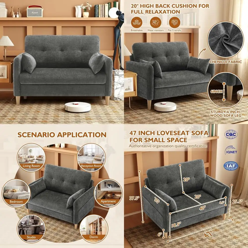 Sofá loveseat de chenille compacto com almofadas e capas removíveis para espaços pequenos e aconchegantes