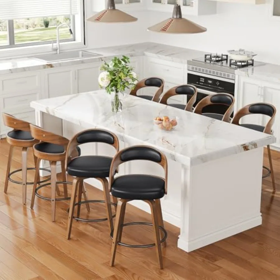 

Swivel Bar Stools Set of 8, 26" Counter Height Bentwood Barstool, Mid-Century Modern PU Leather Upholstered Bar Chair with Back