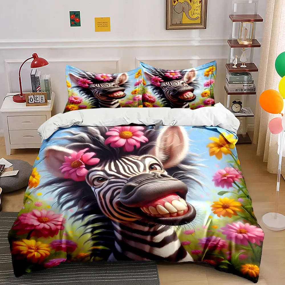 Colorful Zebra in Floral Bliss Exquisite three-piece bedding set gift for kids and adults