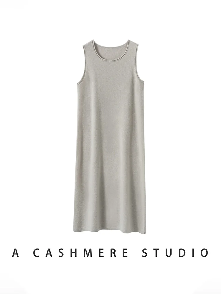 

2025 New Women's 100% Cashmere Vest Dress Simple Row Style Long Dress Chic Autumn Winter Grace Cashmere Knitted Sleeveless Dress