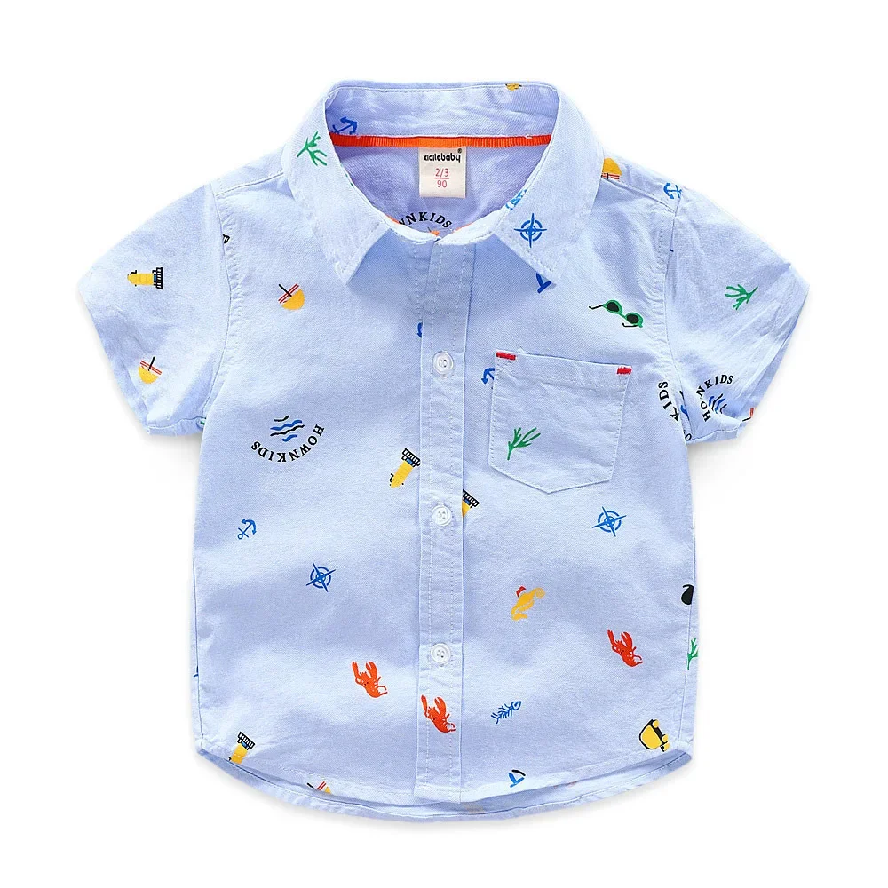 2 3 4 5 6 Years Boys Short Sleeve Collar Shirt Summer Children\'s Clothing Cotton Toddler Kids Cartoon Casual Tops White Blue