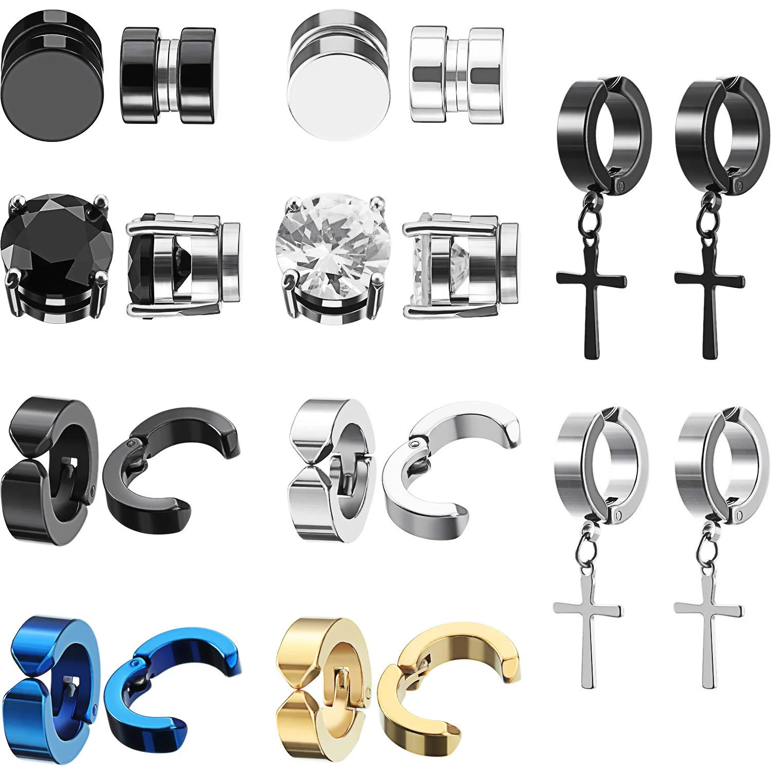 10 Pairs Stainless Steel Non-Piercing Magnetic Stud Earrings Unisex CZ Magnet Ear Clip Women And Men Punk Hip Hop Earring Set
