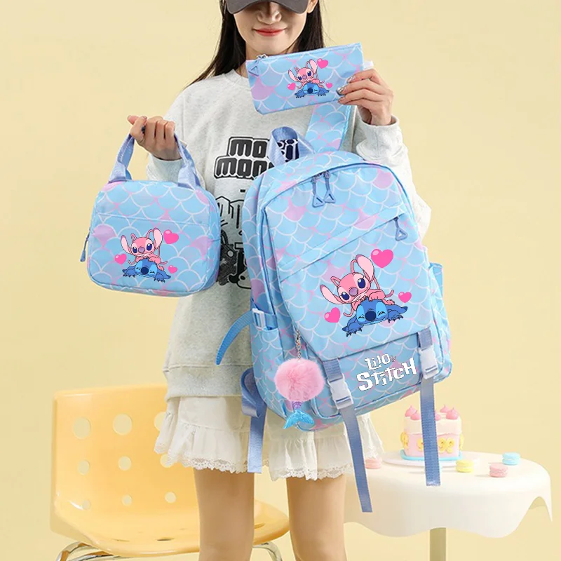 3Pcs Backpack Set Lilo Stitch Girl Kid Student Schoolbags Double Shoulder Bag Travel Pen Lunch Bag Kawaii Bookbag Laptop Bag Set