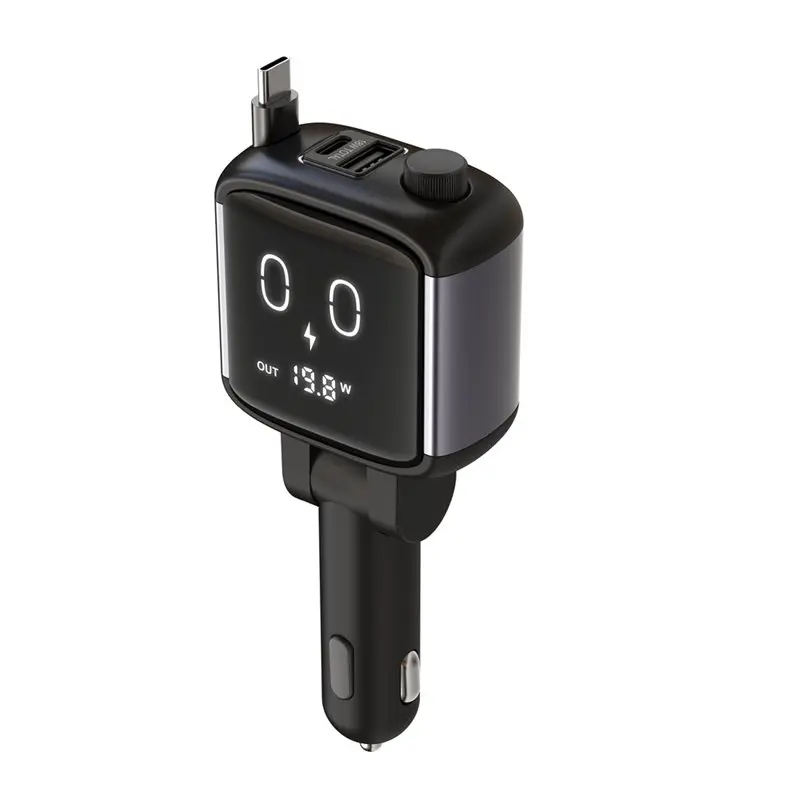 Car Phone With Retractable Cable USB-A To Type-C PD 65W Power Delivery 5V 3.6A Output Featuring Display-ABQA