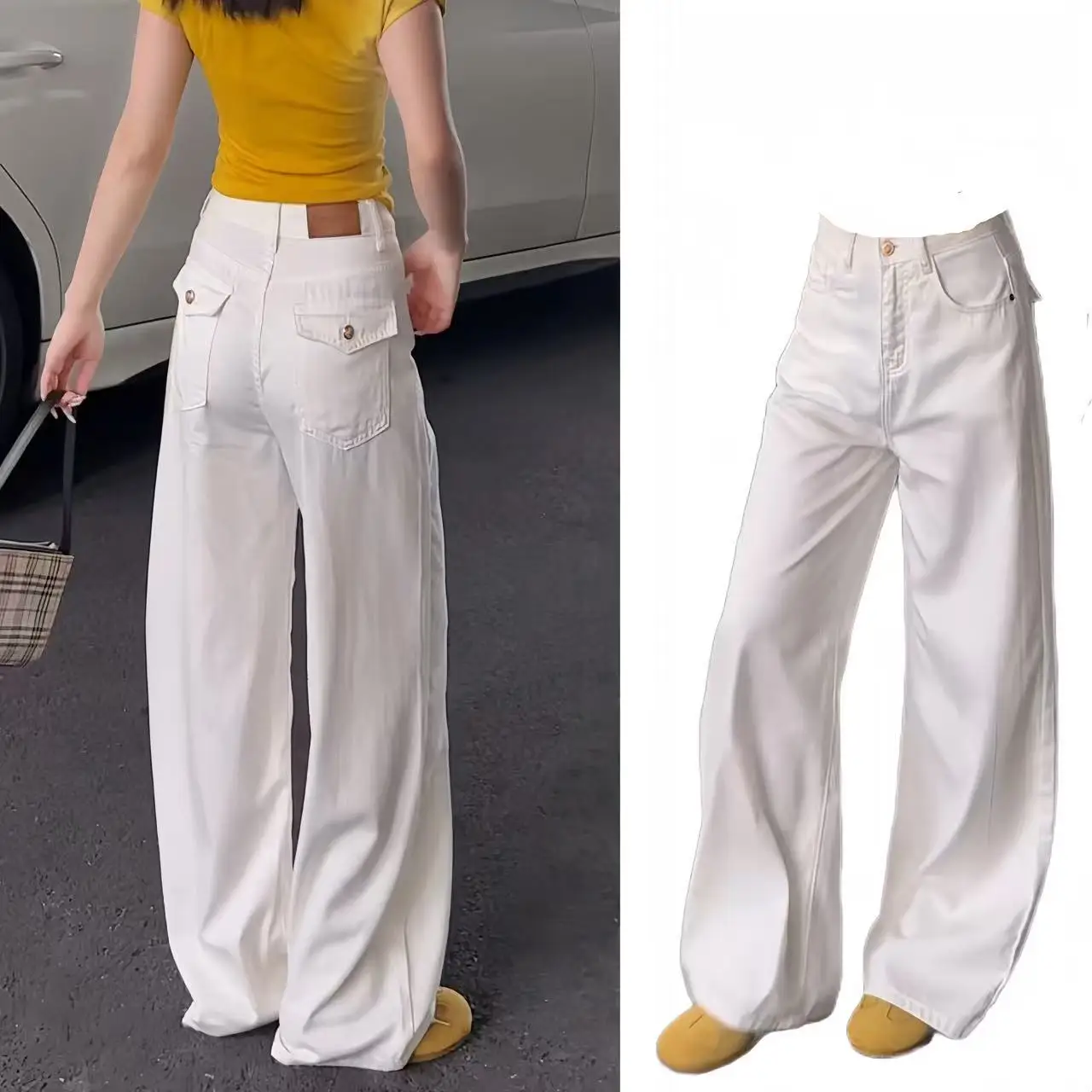 High Waist Wide Leg Denim Jeans Women's Autumn New Loose Drapey Straight Floor-Length Pants Back Pocket Design Commute Style