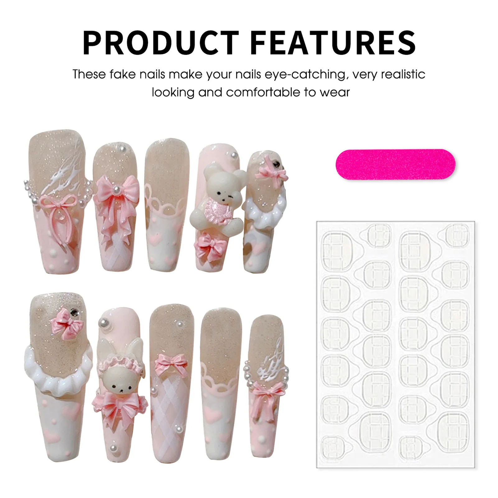 10Pcs Cute Pink Sugar Bear Fake Nails with Bowknot Decals Long T Shaped Handmade False Nails for Women Girls Party Wearing