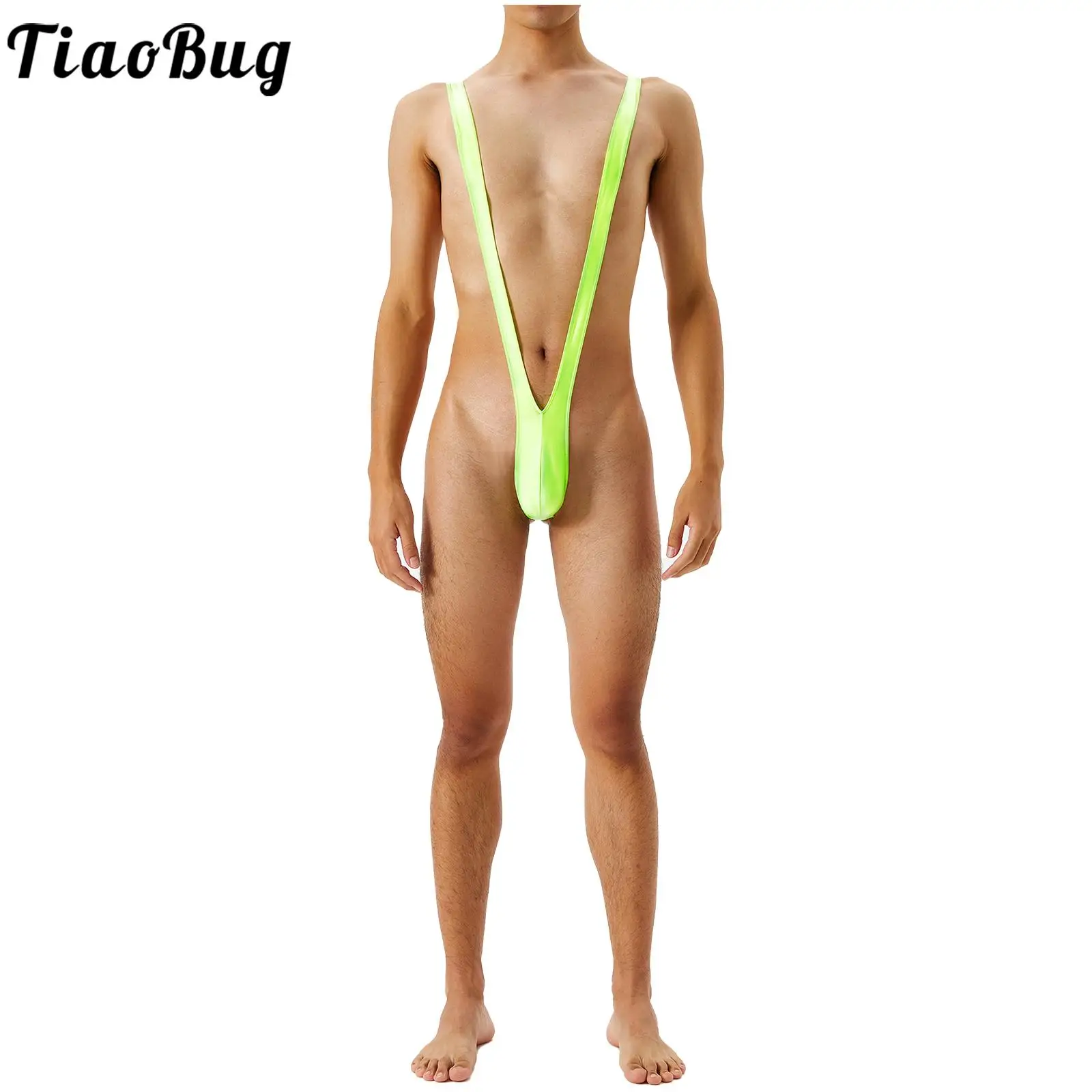 Tiaobug Mens Glossy 1Pcs Solid Mankini Bodysuits Swimwear Bulge Pouch Thongs V-Shaped Suspender Nightclub Underwear Swimsuits