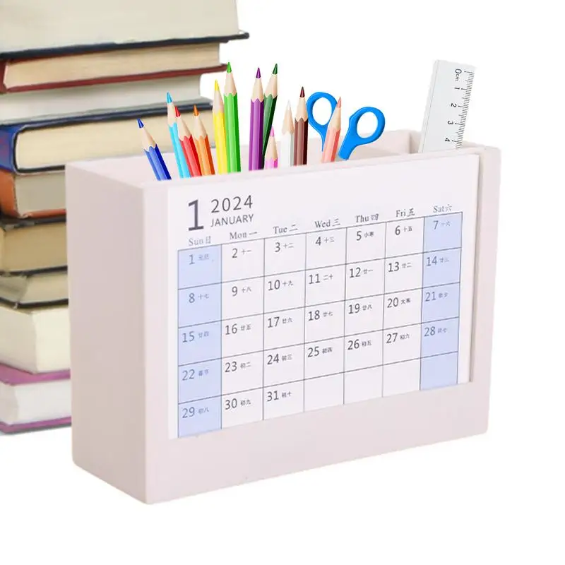 Desk Calendar 2024 Daily Desktop Pencil Cup With 2 Grid Stationery Storage For Pen Pencil Scissors Note Paper For School Office