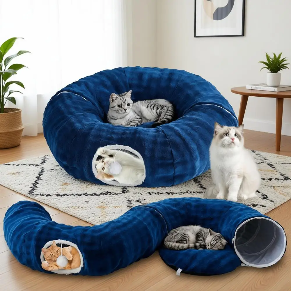 

Bubble Cat Tunnel, Round Peekaboo Cave Toy with Dangling Balls, Donut Tunnel Bed with Circle Mat for Puppy Kitten Rabbit, Navy B