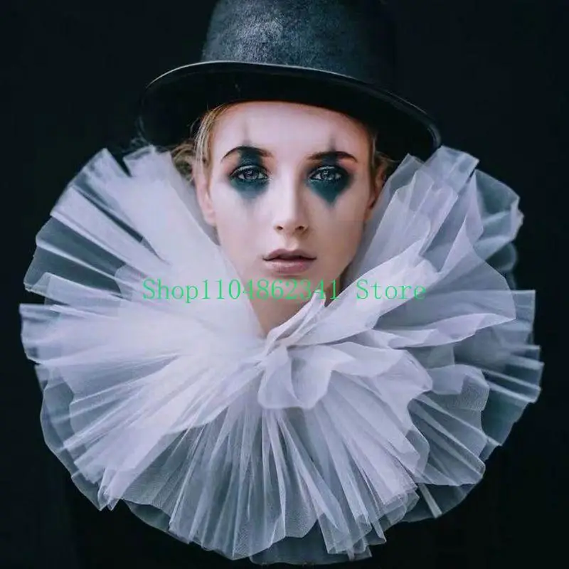 652F Elegant Mesh Faux Collar Pleated Layered Neckpiece Lightweight Soft Tulle Shawl Capelet For Stage Costume Cosplay