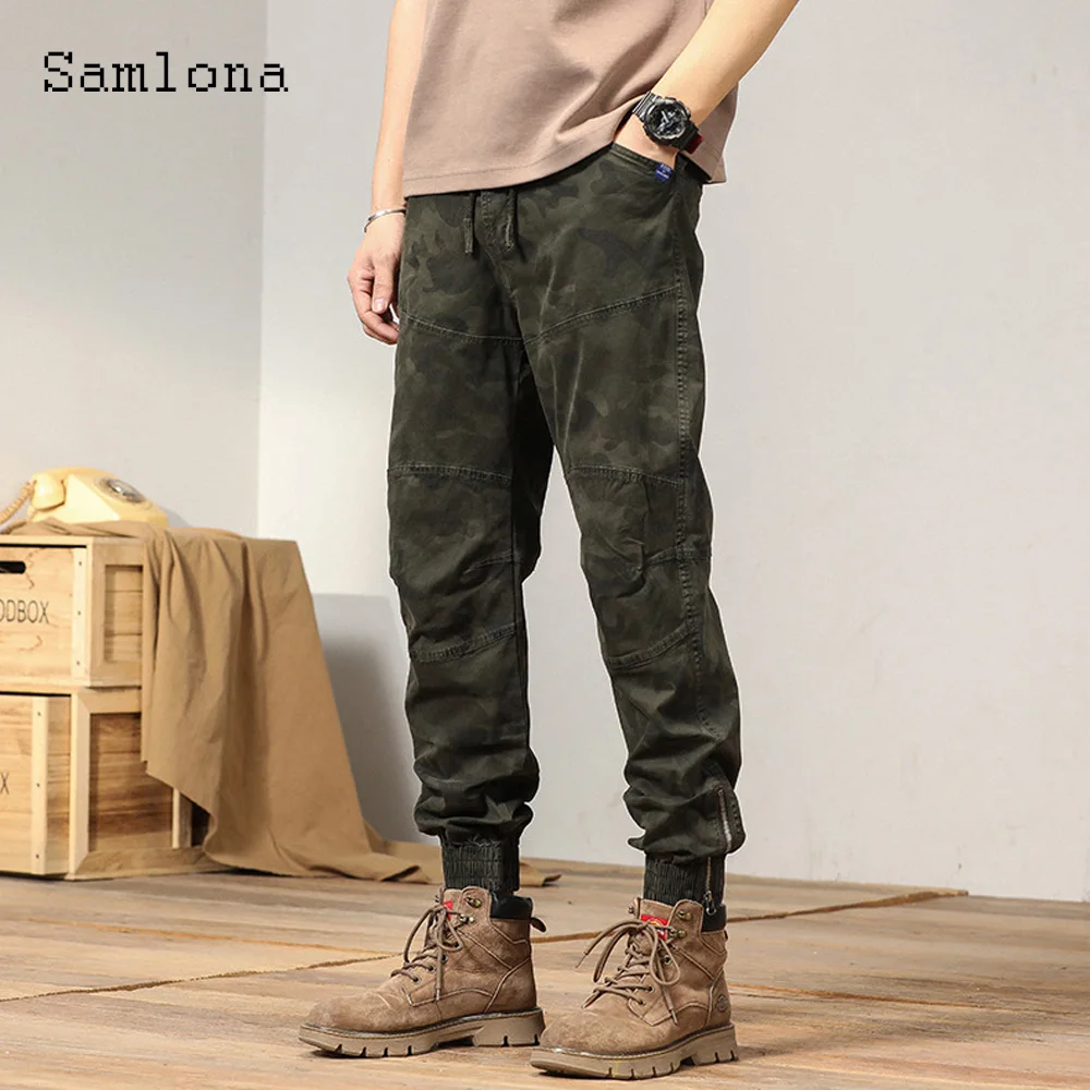 Samlona Plus Size Mens Casual Pants 2024 Summer Camouflage Pants Male Elastic Waist Pocket Trouser Outdoor Vintage Leisure Pant