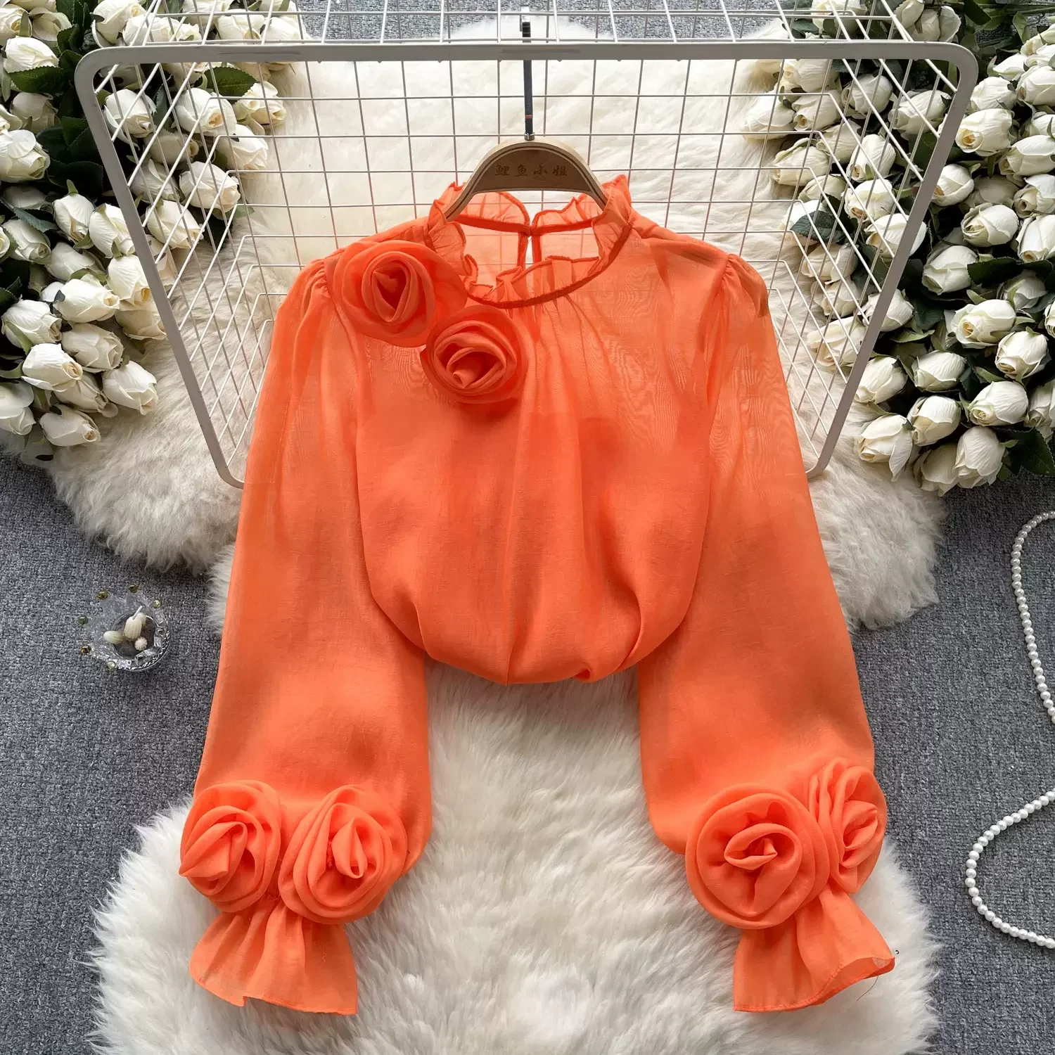 3D Flower Chiffon Blouse Ruffles Collar Long Sleeves Sheer With Lining Ladies France Vintage Senior Elegant OL Tops