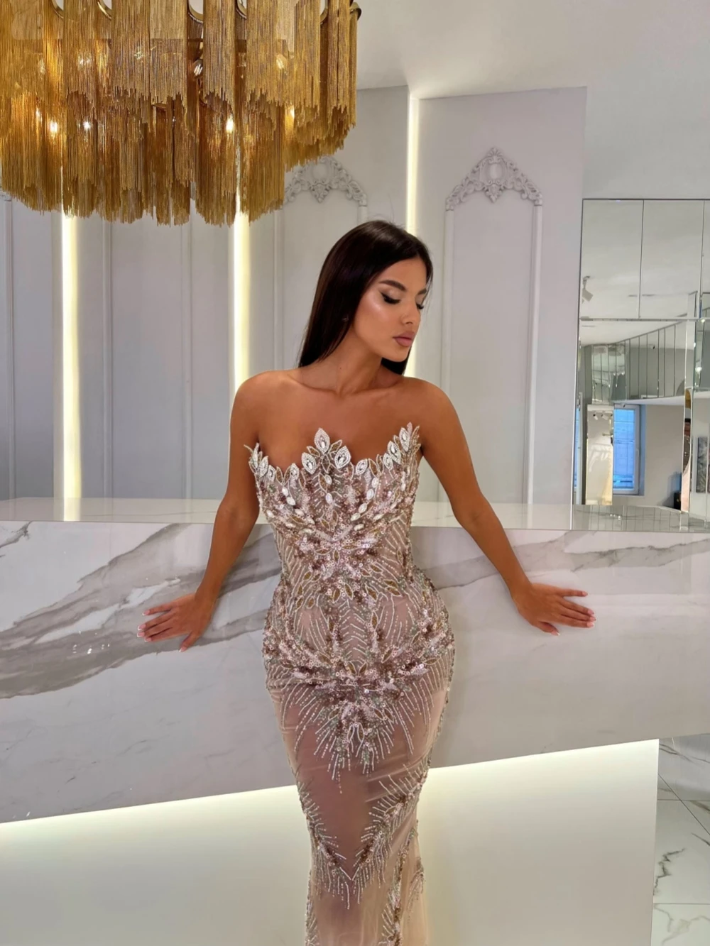 Sexy sem alças sem mangas vestido de baile brilhante contas lantejoulas vestido de noite luxo cristal longo vestido de cocktail robe de mariée