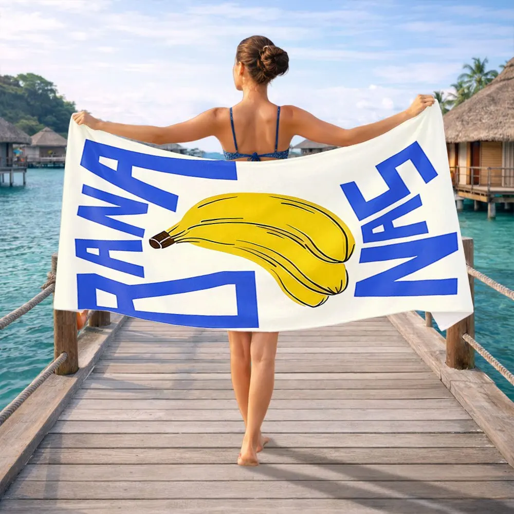 Reversed BANANA Bold Blue Letter Single Fruit Graphic Print Microfiber Quick Dry Beach Towel Fun Tropical Theme Bath Towel