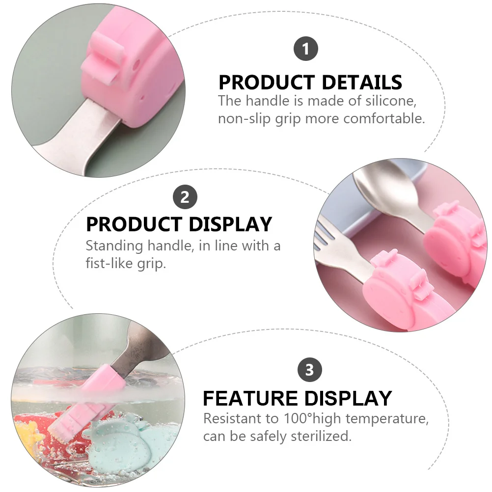 

2 шт. набор детской посуды из нержавеющей стали, ложка, вилка, силиконовая ручка, мультяшный дизайн, детские столовые приборы, посуда для младенцев