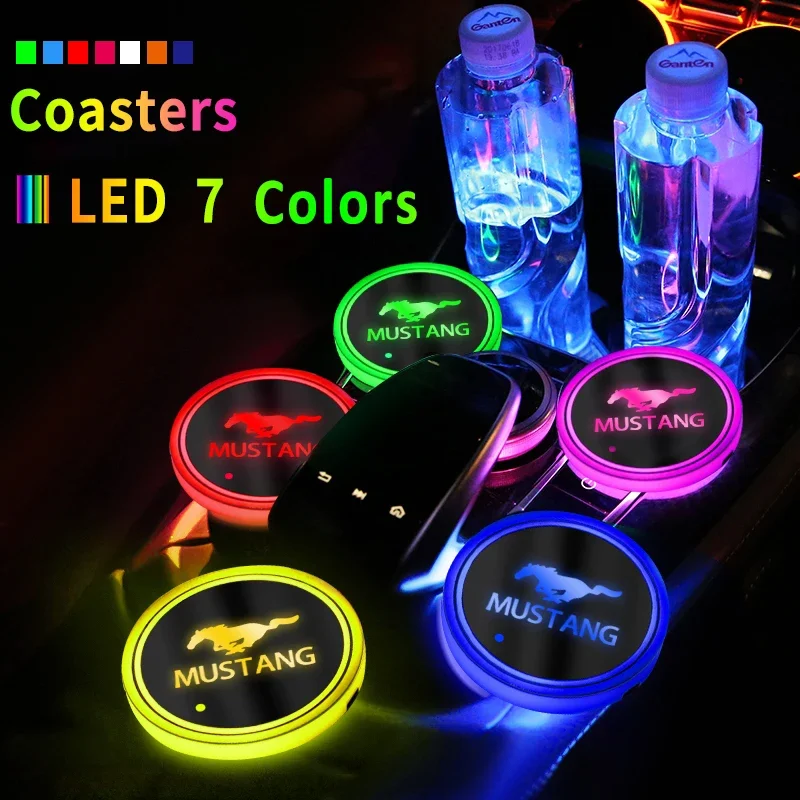 7 Colorful USB Led Atmosphere Light Cup Luminous Coaster Holder For Ford Mustang GT SHELBY Convertible Coupe Auto Accessories