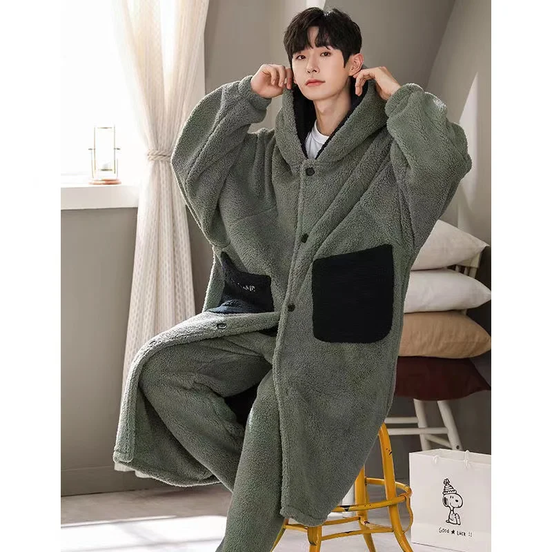 Korallen vlies Pijama setzt Männer Winter verdicken warmen Bademantel passt zwei Stück Kapuze Hauskleidung männliche Lounge wear Nachtwäsche