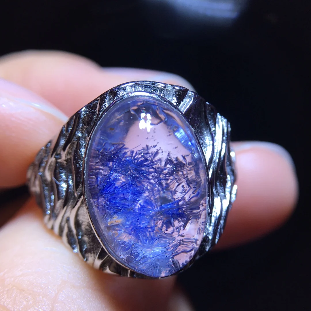 

Natural Blue Rutilated Dumortierite Quartz Adjustable Ring 15.2/10mm Flower Woman Men Ring Jewelry AAAAAAA
