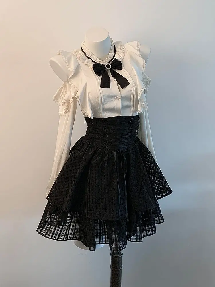 Darkly Gothic Bow Long Sleeve Subculture Suit New Design Off Shoulder Lace 2-piece Set Women's Fashion Sweet Slim Retro Outfits