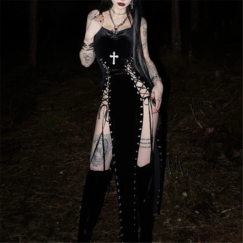 Vestido gótico de terciopelo con abertura alta y tirantes, estilo grunge oscuro de los 90, para mujer, sexy, de vestir, ropa gótica de moda 2
