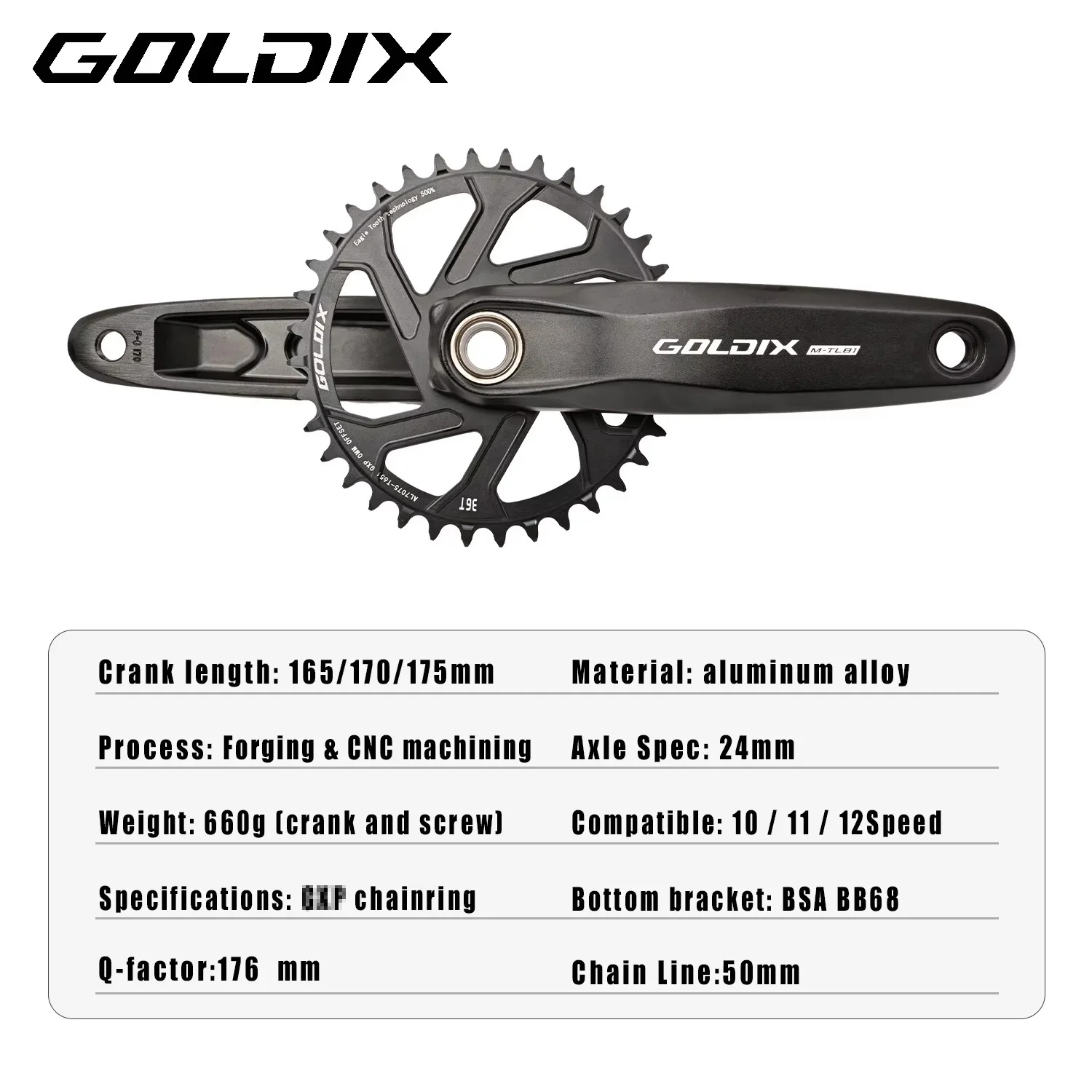 GOLDIX MTB-Kurbelgarnitur 165/170/175mm, geschmiedete Aluminiumlegierung, 3-Bolzen-Direktmontage, schmales-breites Kettenblatt, hochfeste Fahrradkurbelgarnitur – Detail 3
