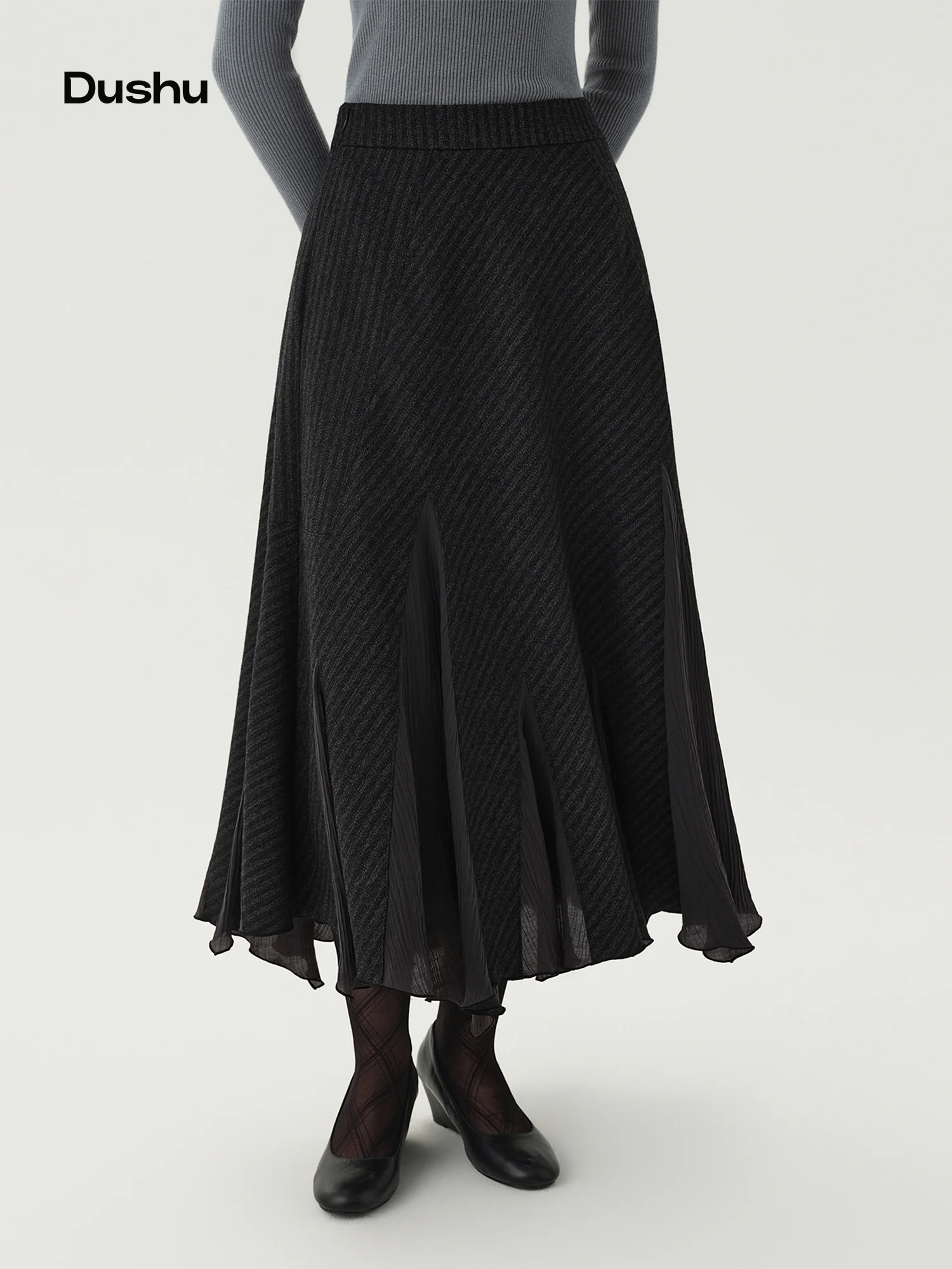DUSHU 2026 Winter Women's Chic Diagonal Panel Cut Irregular Wool Blend Skirt - Stylish Versatile for Commute and Daily Wear