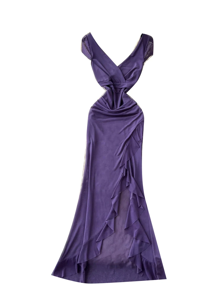 فستان صيفي نسائي بخصر مرتفع وخط A مع تطريز الدانتيل وفتحة جانبية، فستان ميدي بأكمام قصيرة على الطراز الكوري، فستان طويل ضيق.