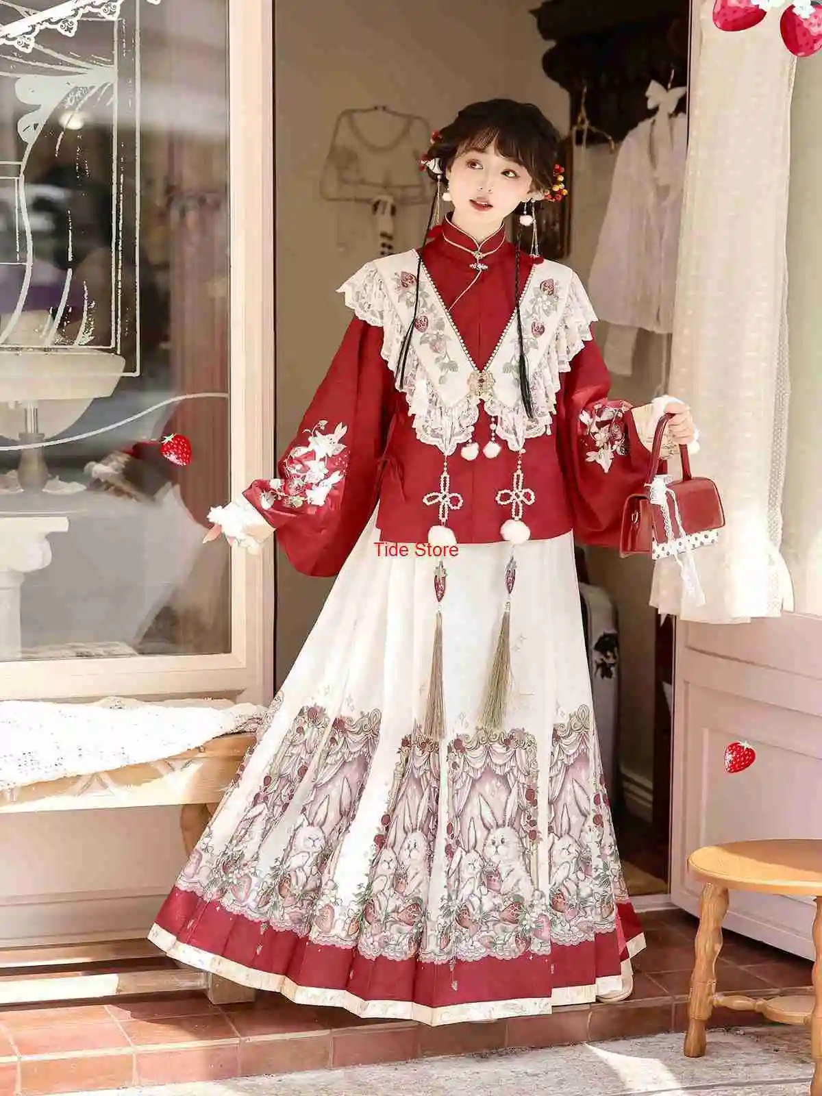 

Strawberry and Bunny Improved New Year Hanfu Women New Chinese Style Han Element Top Mamian Skirt Christmas Party Dress