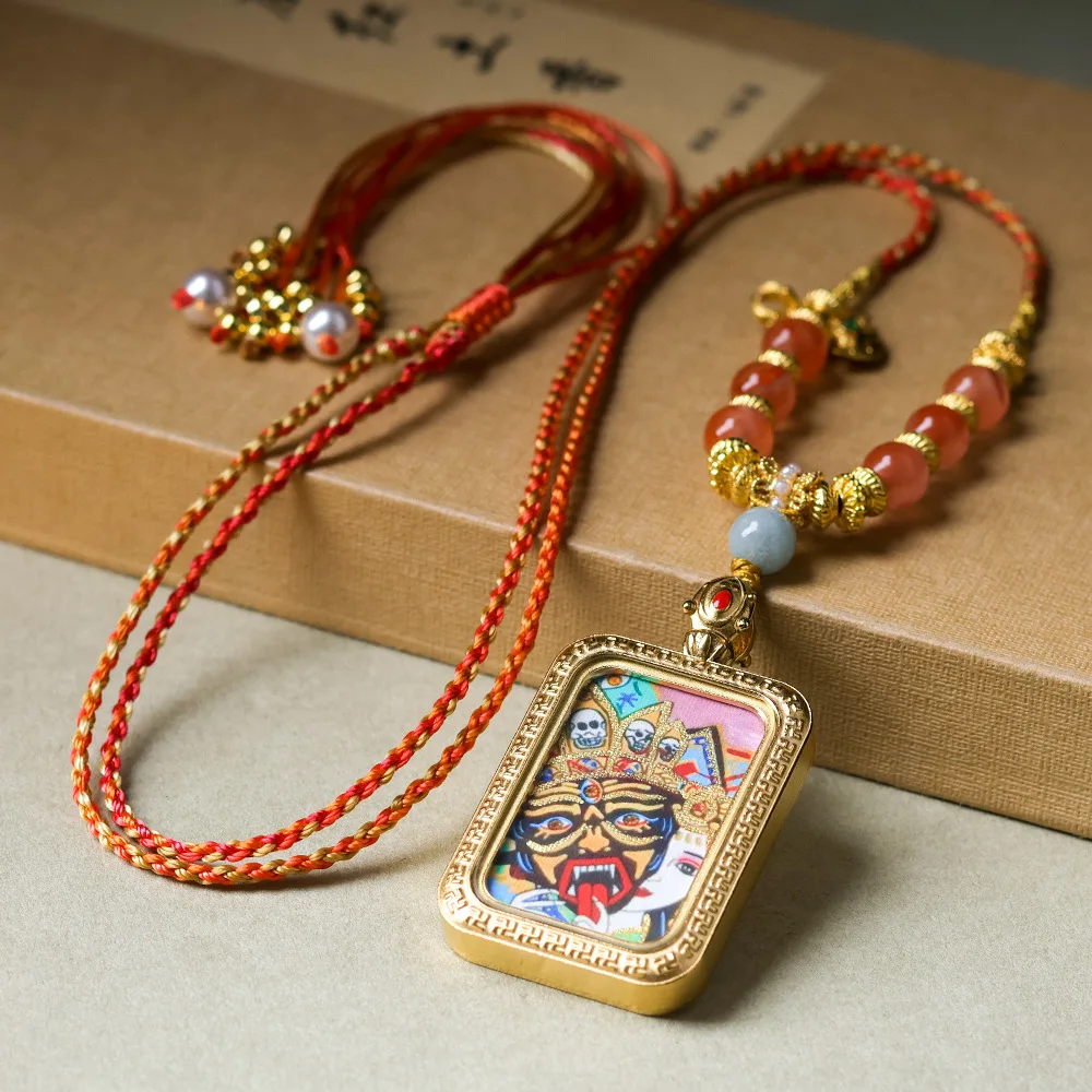New titanium steel hand-painted gold zakiram thangka colour-preserving plating pendant southern red agate necklace jumper chain