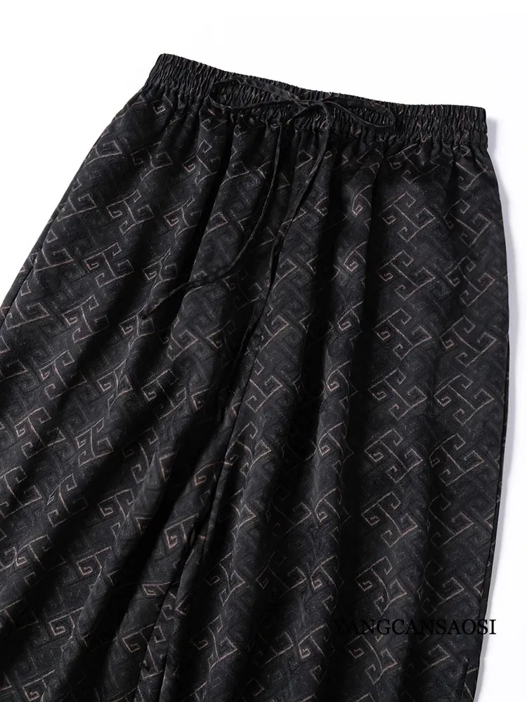 Women's Fashion Clothing 100% Natural Mulberry Silk Jacquard Gambiered Guangdong Gauze Elastic Waist Loose Harun Pants