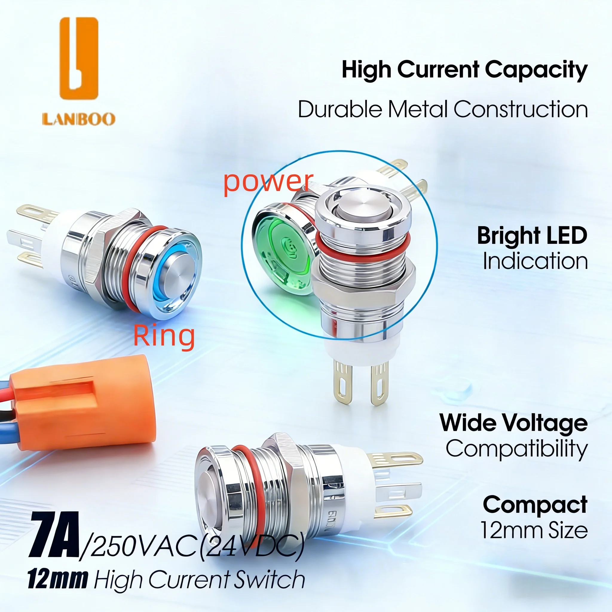 12mm 7A High Current Metal Push Button Switch, DC12V LED, Car/Computer Modification Switch